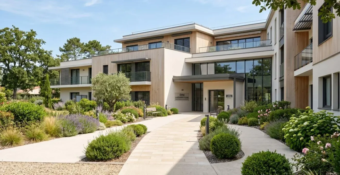 Façade contemporaine d'un établissement EHPAD avec jardin paysagé et accès PMR en France