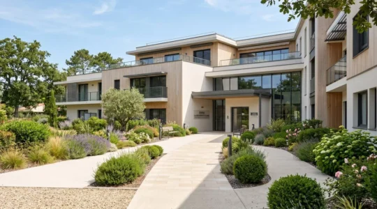 Façade contemporaine d'un établissement EHPAD avec jardin paysagé et accès PMR en France