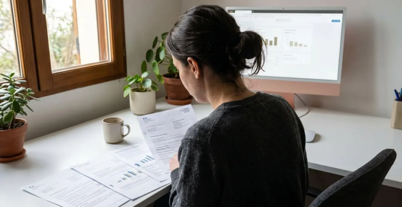 Personne analysant des documents de défiscalisation immobilière et tableaux financiers à domicile